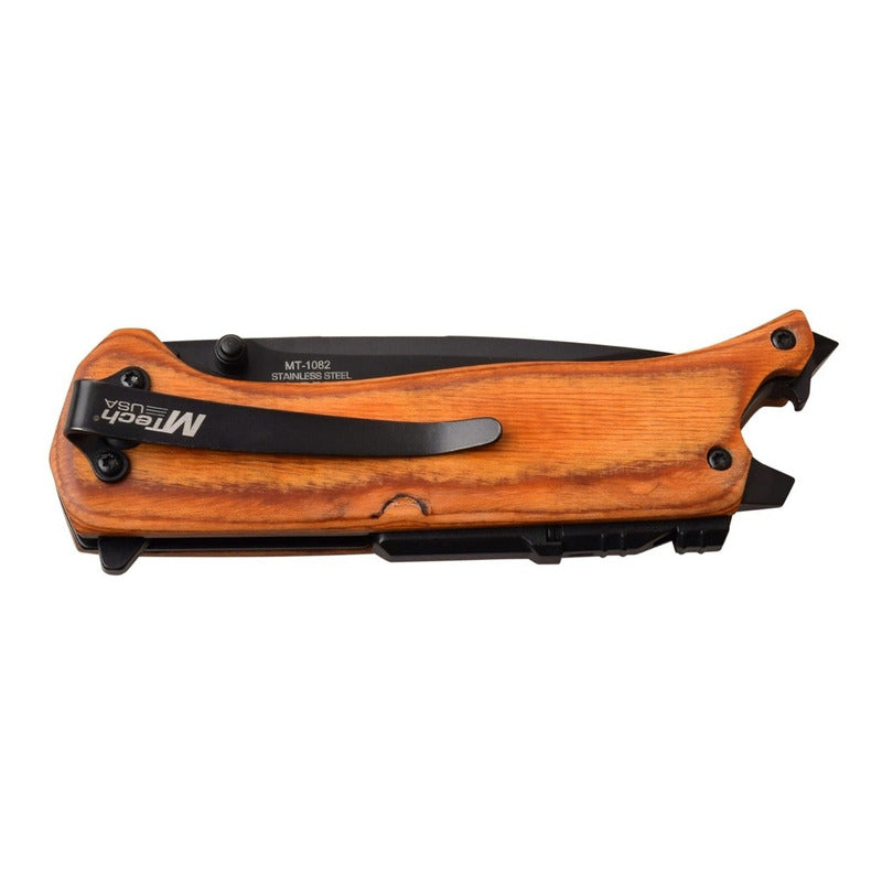 Navaja Mtech Manual Mango De Madera Con Pedernal Y Linterna con Grabado Laser en la hoja