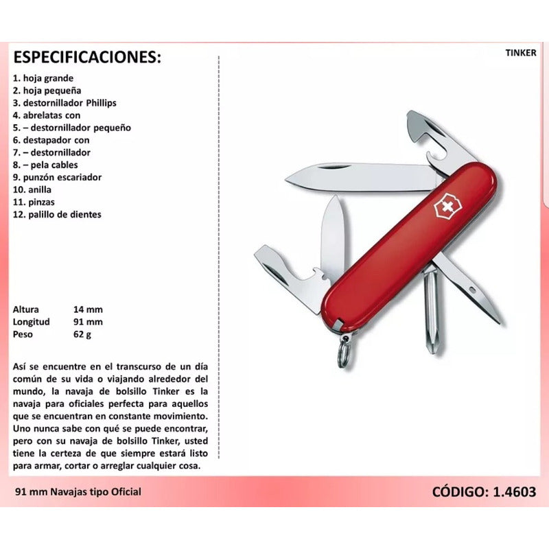 Kit de Navaja Victorinox Swiss Army Tinker Con Funda, Cordón y minichaira