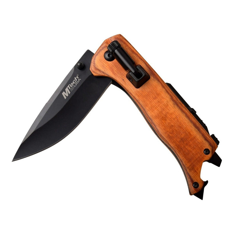Navaja Mtech Manual Mango De Madera Con Pedernal Y Linterna con Grabado Laser en la hoja