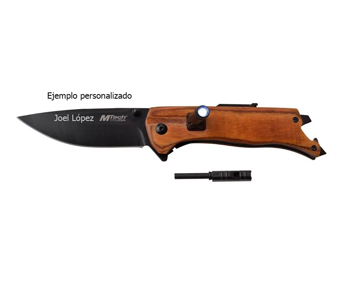 Navaja Mtech Manual Mango De Madera Con Pedernal Y Linterna con Grabado Laser en la hoja