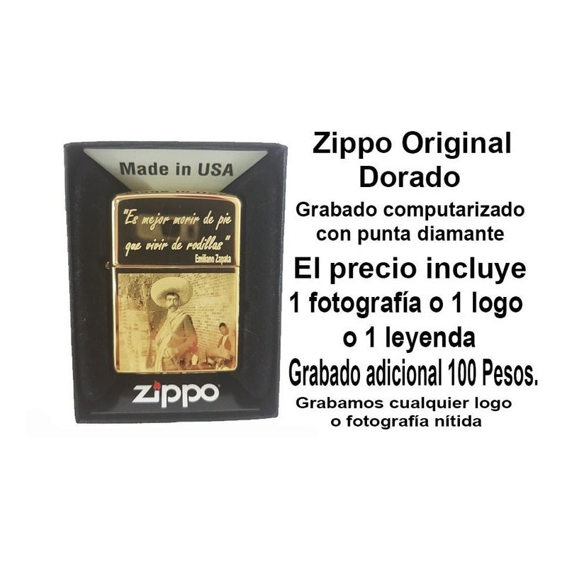 Paquete Zippo Dorado Personalizado Con Grabado Fotografia,
