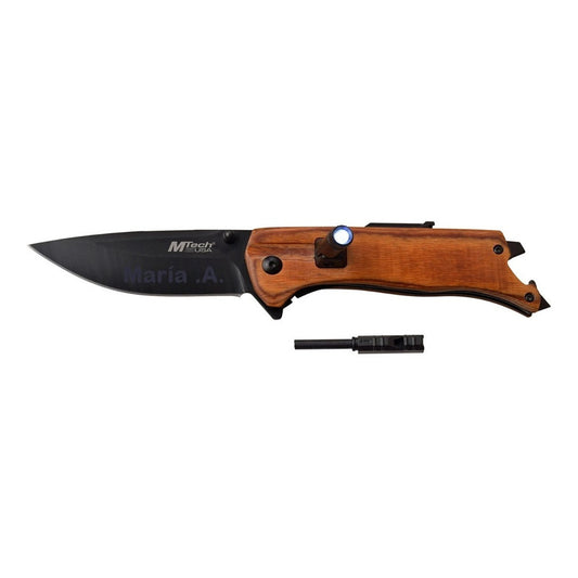Navaja Mtech Manual Mango De Madera Con Pedernal Y Linterna con Grabado Laser en la hoja