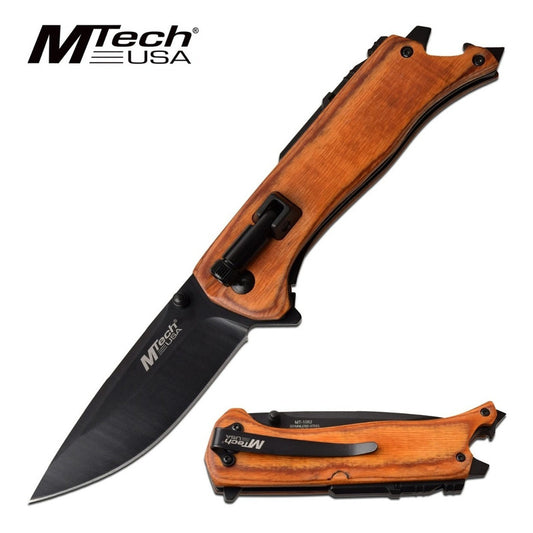 Navaja Mtech Manual Mango De Madera Con Pedernal Y Linterna