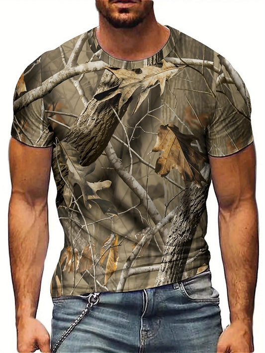 Camiseta para hombre con estampado de hojas de camuflaje vintage Y2K: diseño geométrico abstracto, cuello redondo, manga corta y tejido de alta calidad.